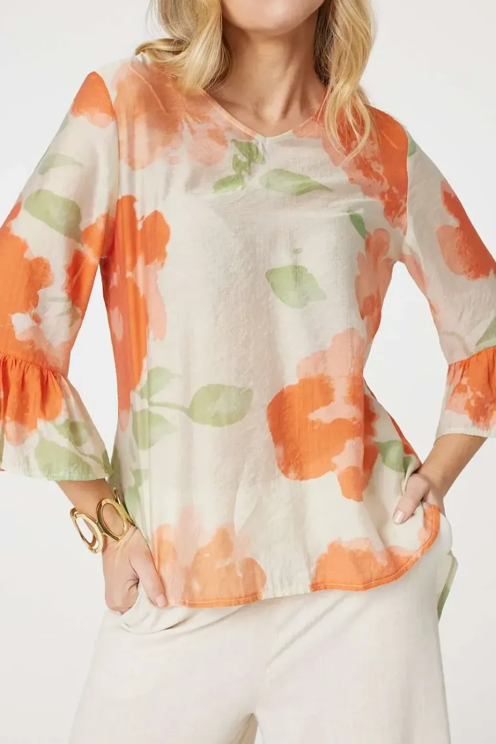 Floral Flute Sleeve High Low Blouse