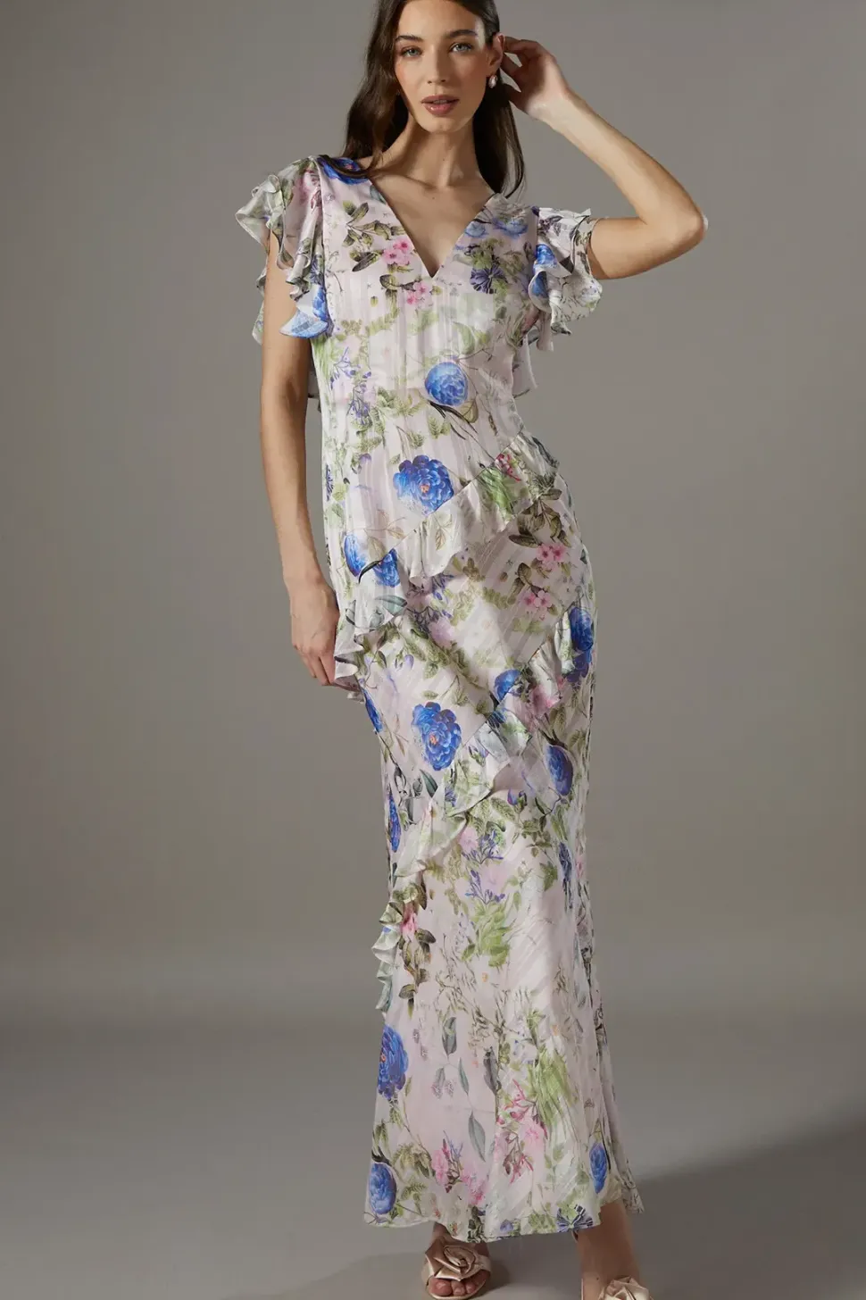 Floral Frill Detail Fitted Maxi Dress