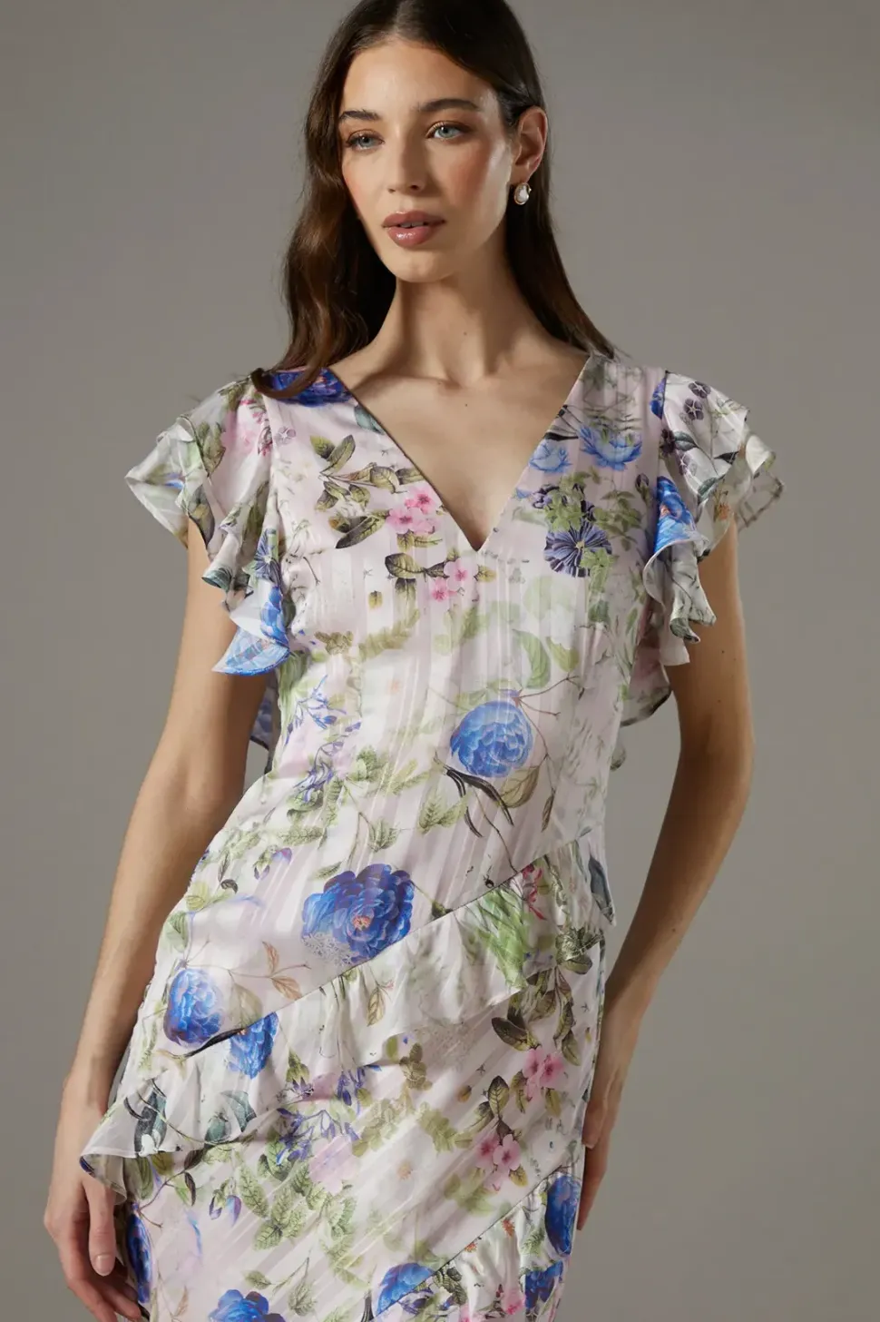 Floral Frill Detail Fitted Maxi Dress