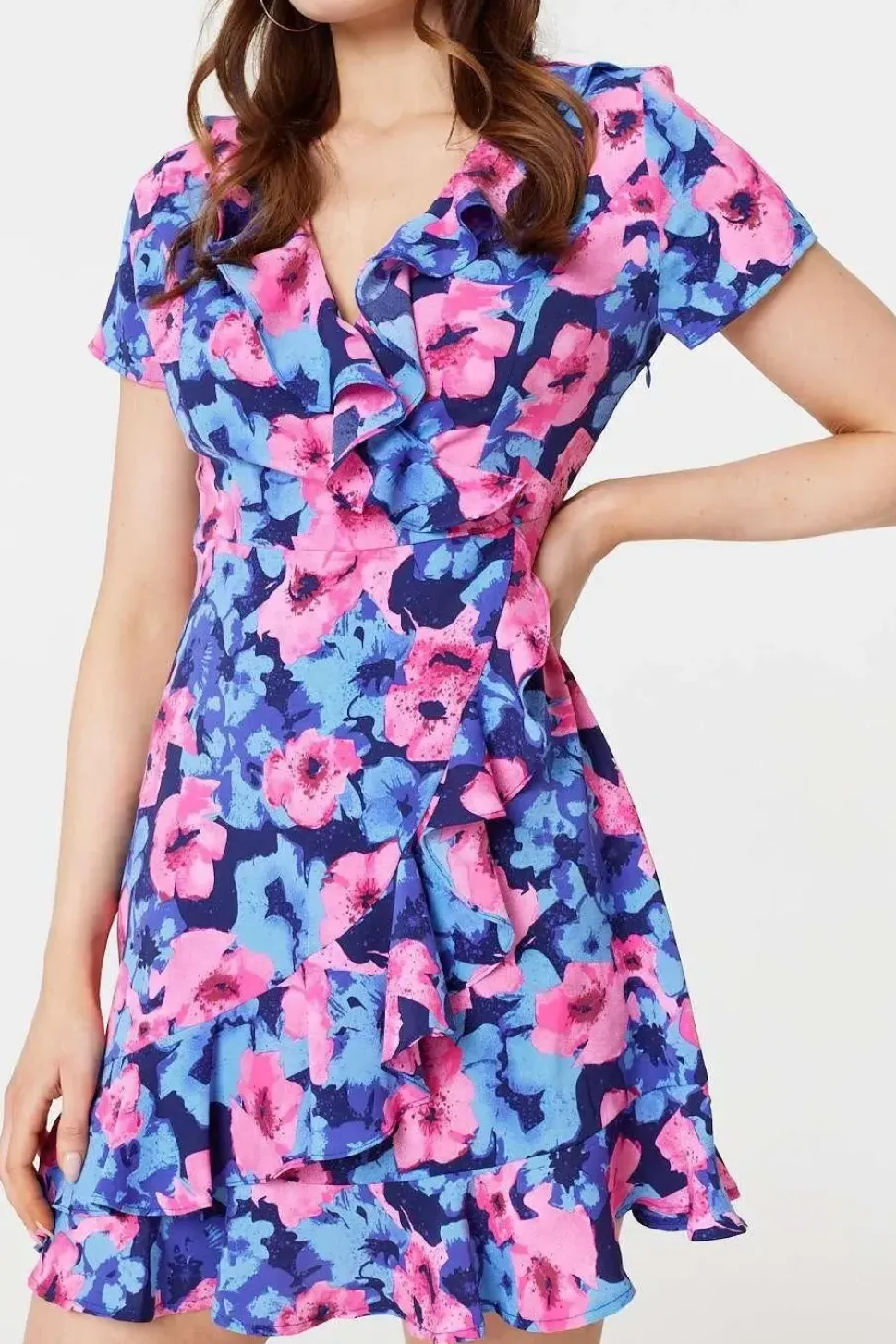 Floral Frill Faux Wrap Short Dress
