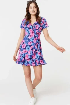 Floral Frill Faux Wrap Short Dress