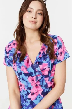 Floral Frill Faux Wrap Short Dress