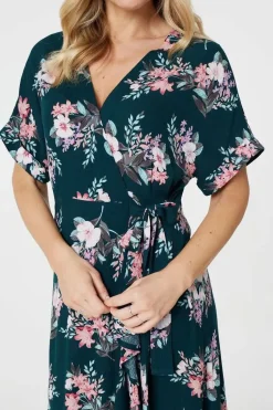 Floral Frill Hem Midi Wrap Dress