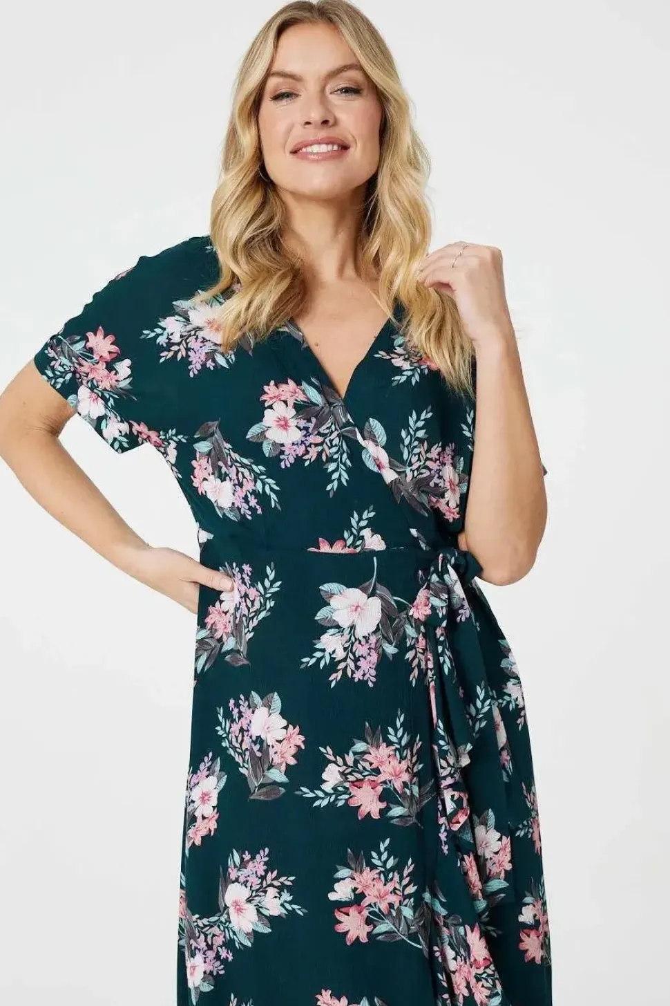 Floral Frill Hem Midi Wrap Dress