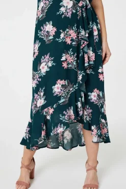 Floral Frill Hem Midi Wrap Dress