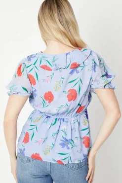 Floral Frill Neck Puff Sleeve Peplum Blouse