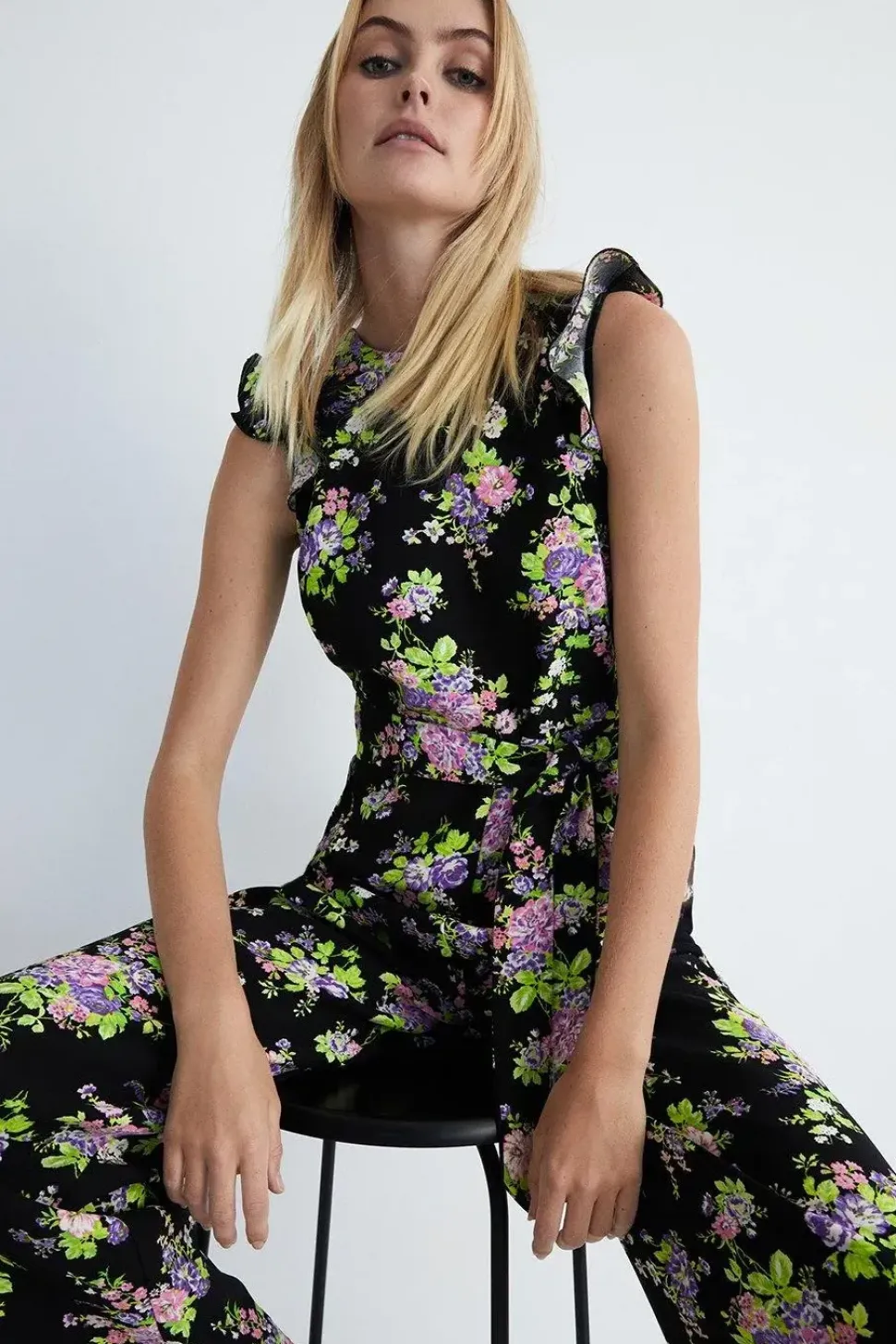 Floral Frill Sleeve Tie Waist Jumpsuit