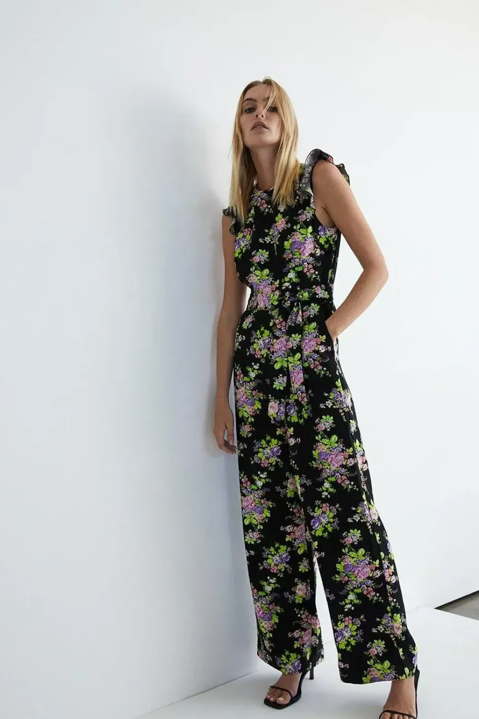 Floral Frill Sleeve Tie Waist Jumpsuit