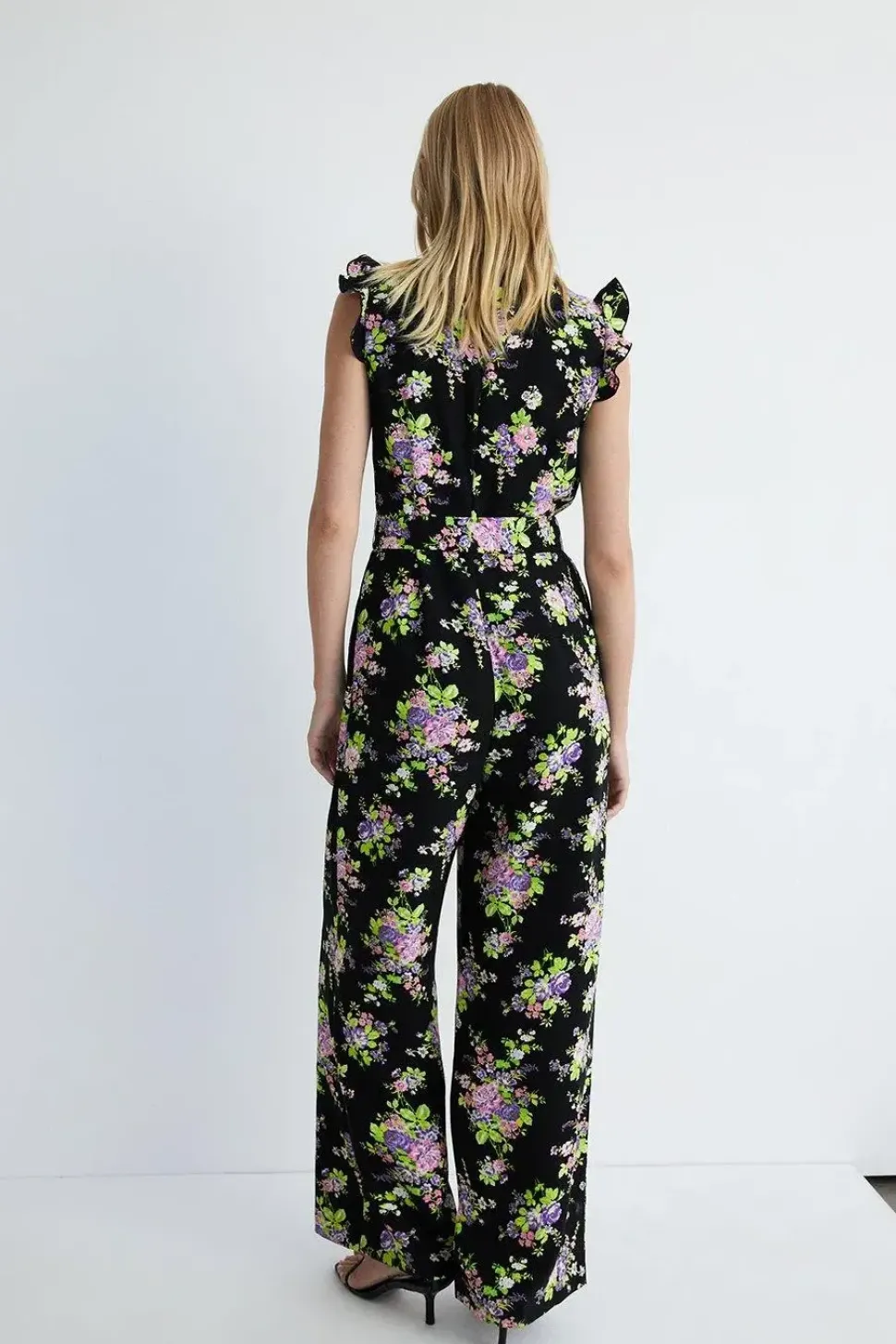 Floral Frill Sleeve Tie Waist Jumpsuit