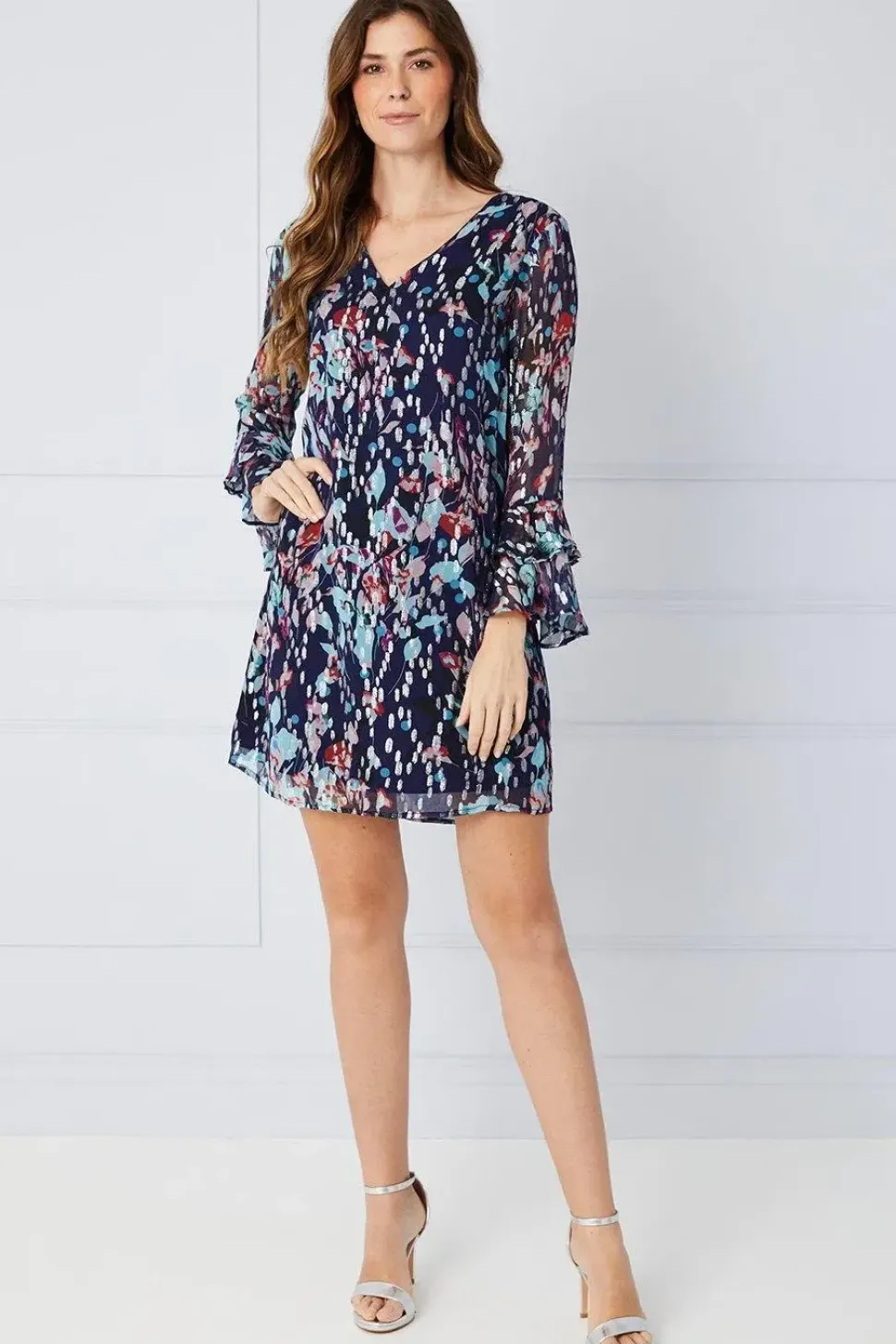Floral Glitter Spot Ruffle Shift Dress
