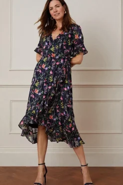 Floral Glitter Stripe Ruffle Wrap Midi Dress