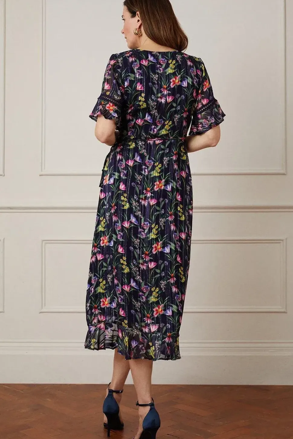 Floral Glitter Stripe Ruffle Wrap Midi Dress