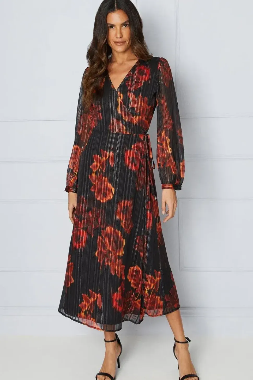 Floral Glitter Stripe Wrap Midi Dress