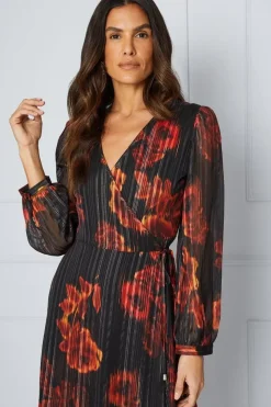 Floral Glitter Stripe Wrap Midi Dress