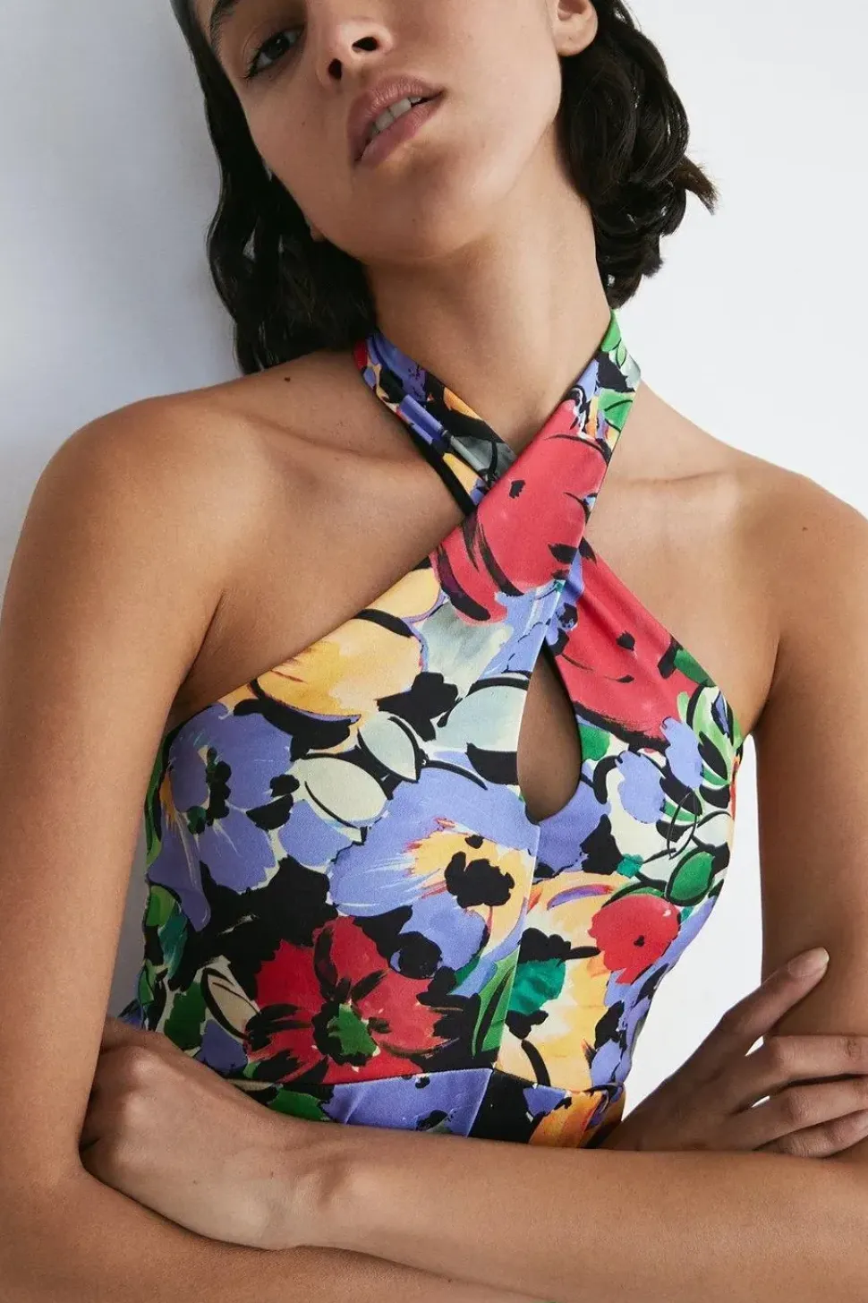 Floral Halter Neck Jersey Crepe Midi Dress
