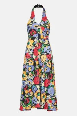 Floral Halter Neck Jersey Crepe Midi Dress