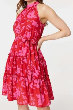 Floral Halter Neck Short Tiered Dress