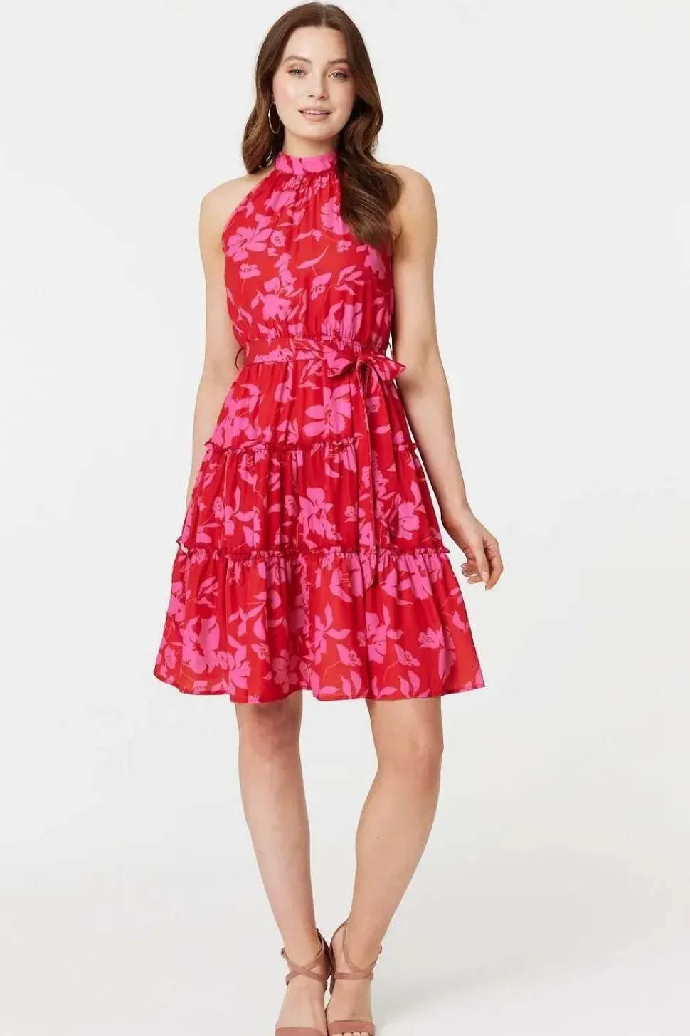 Floral Halter Neck Short Tiered Dress