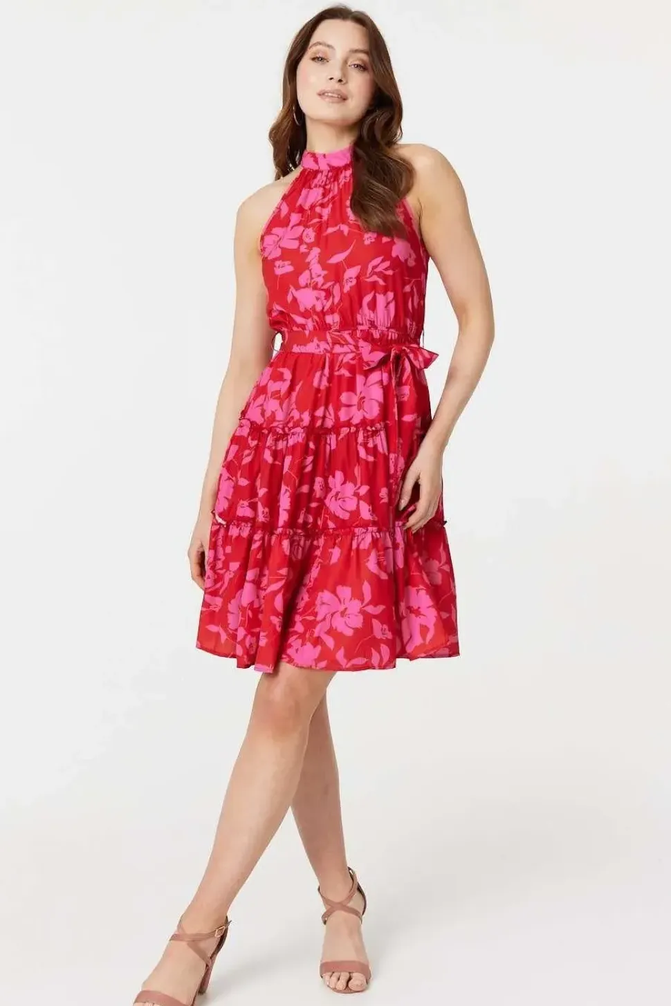Floral Halter Neck Short Tiered Dress