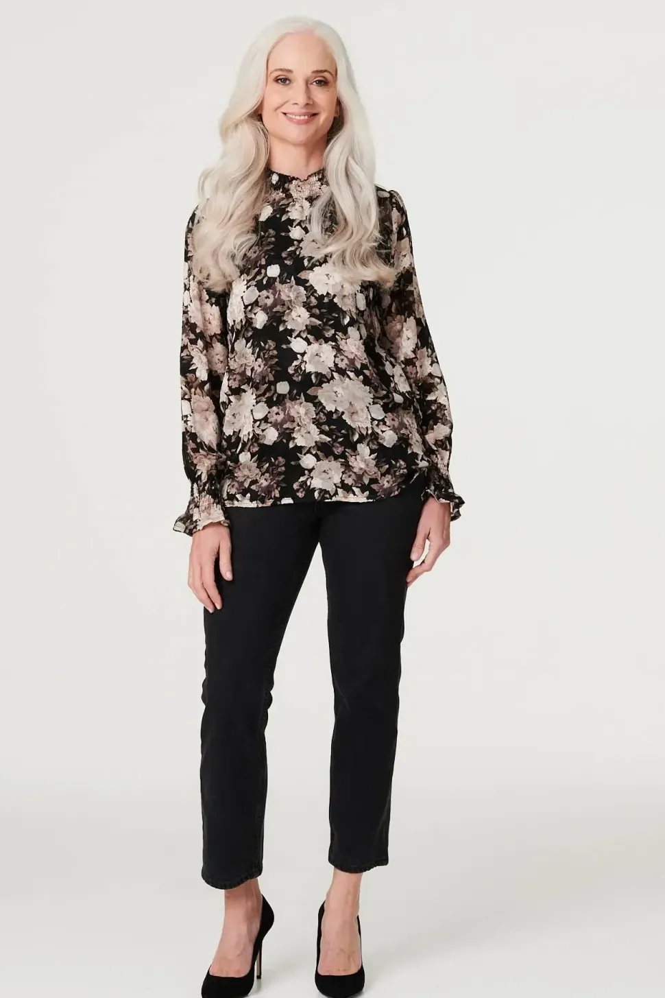 Floral High Shirred Neck Blouse