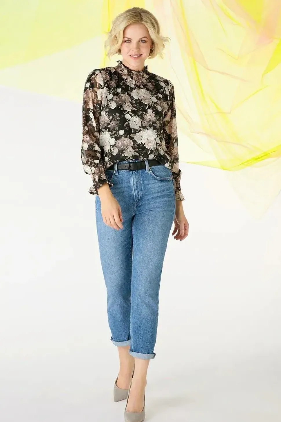 Floral High Shirred Neck Blouse