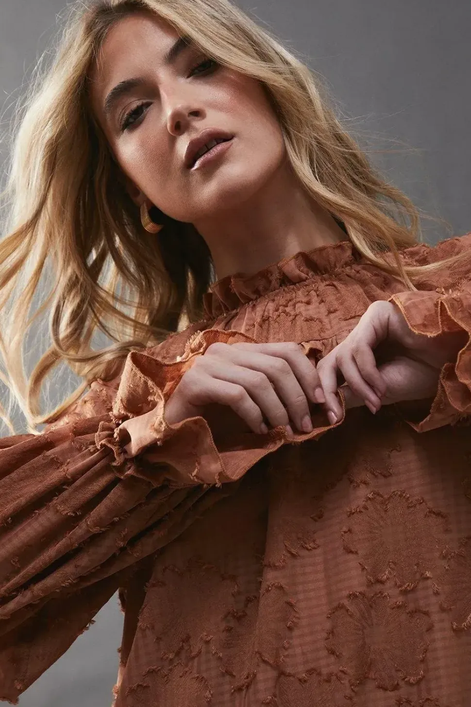 Floral Jacquard Ruffle Neck Mini Smock Dress