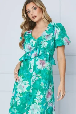 Floral Jacquard Ruffle Peplum Midi Dress