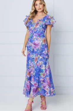 Floral Jacquard Ruffle Sleeve Midaxi Dress