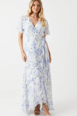 Floral Kimono Sleeve Ruffle Chiffon Maxi Bridesmaids Dress