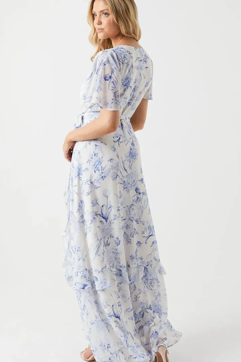 Floral Kimono Sleeve Ruffle Chiffon Maxi Bridesmaids Dress