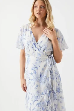 Floral Kimono Sleeve Ruffle Chiffon Maxi Bridesmaids Dress