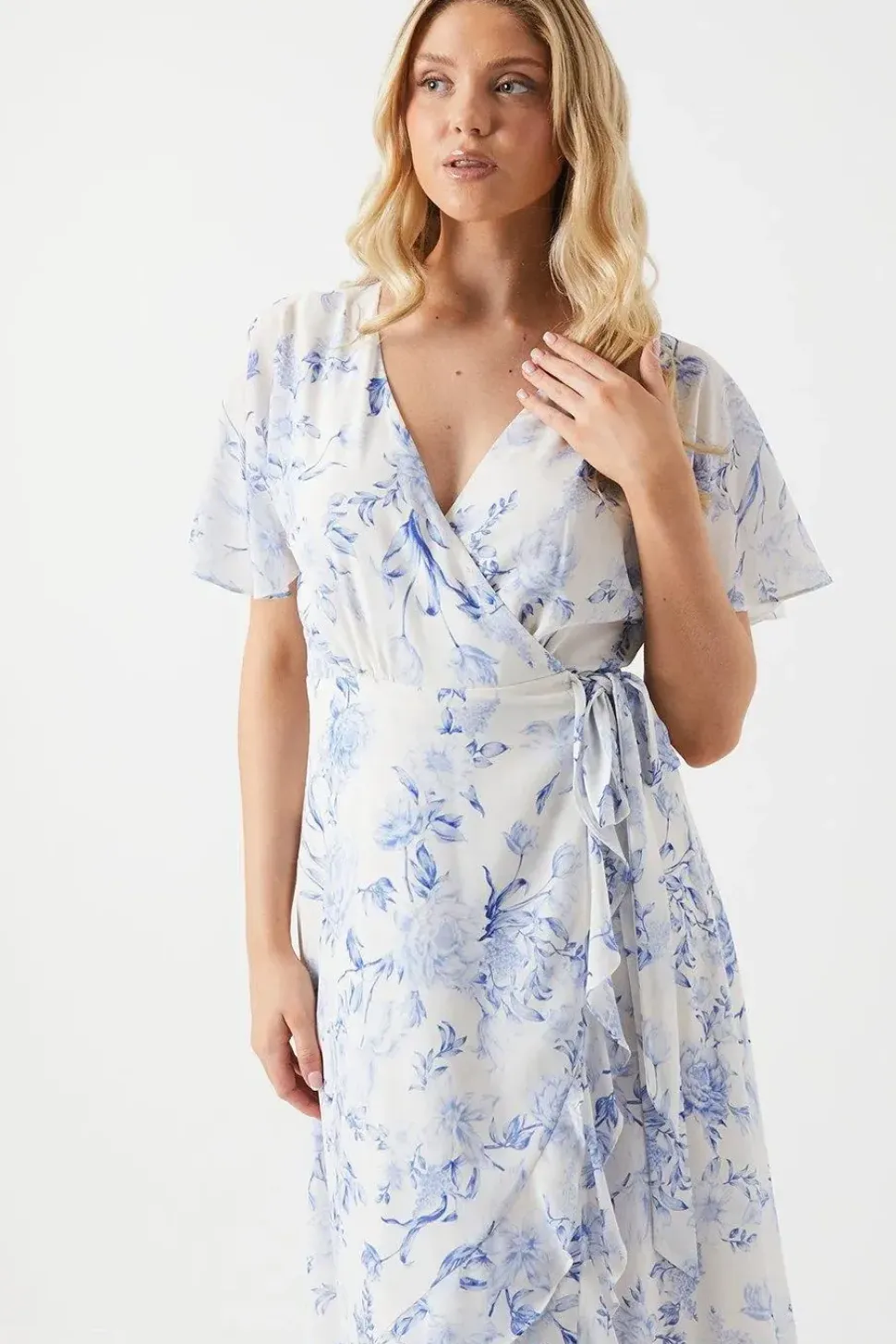 Floral Kimono Sleeve Ruffle Chiffon Maxi Bridesmaids Dress