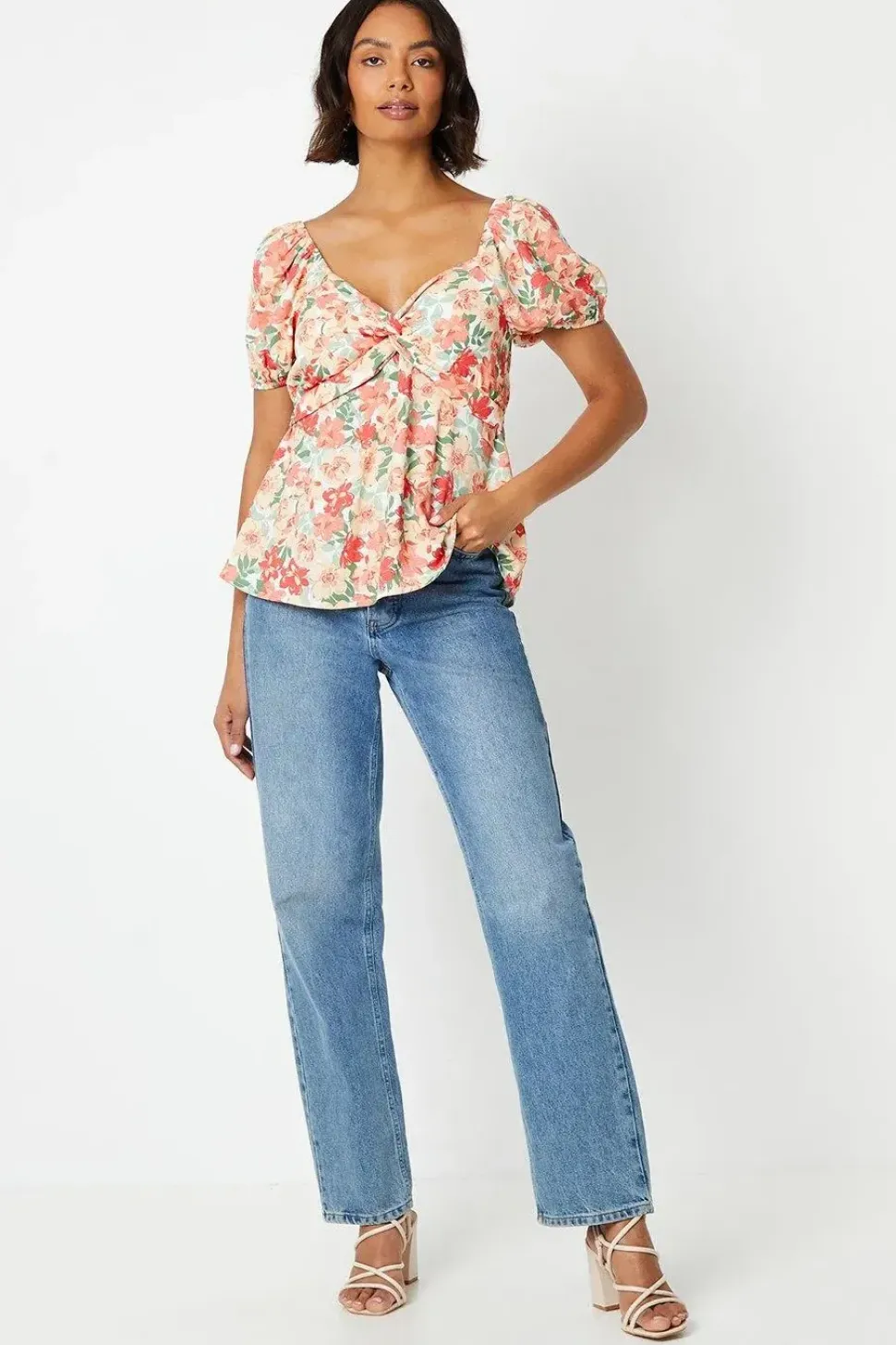 Floral Knot Front Puff Sleeve Blouse