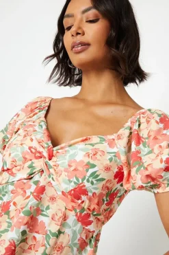Floral Knot Front Puff Sleeve Blouse