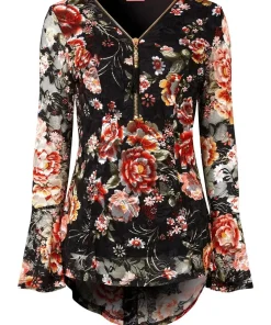 Floral Lace Overlay Fluted Sleeve Top
