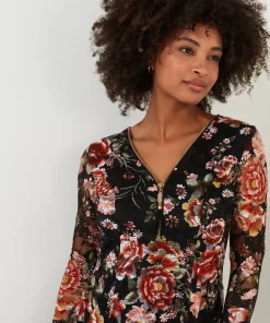 Floral Lace Overlay Fluted Sleeve Top