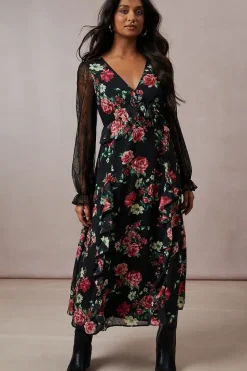 Floral Lace Sleeve Ruffle Front Midi Dress