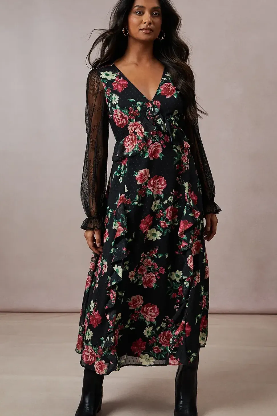 Floral Lace Sleeve Ruffle Front Midi Dress