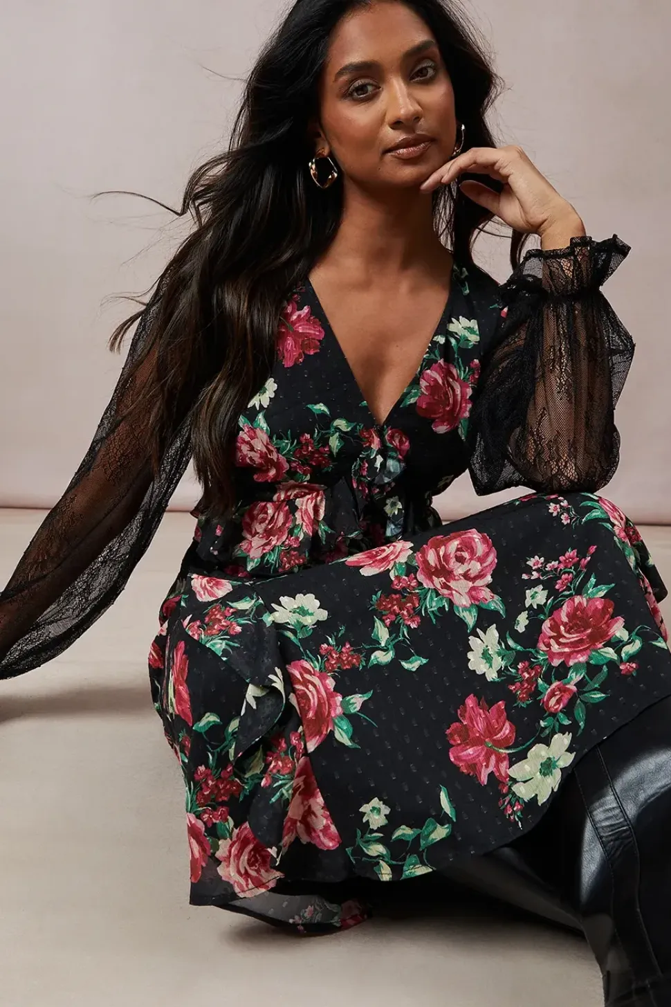 Floral Lace Sleeve Ruffle Front Midi Dress