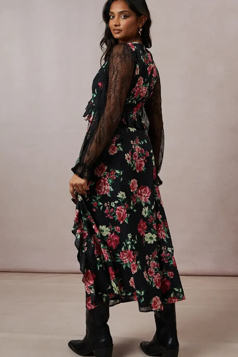 Floral Lace Sleeve Ruffle Front Midi Dress