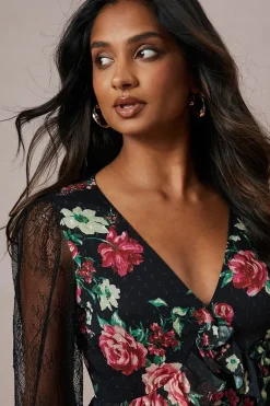 Floral Lace Sleeve Ruffle Front Midi Dress