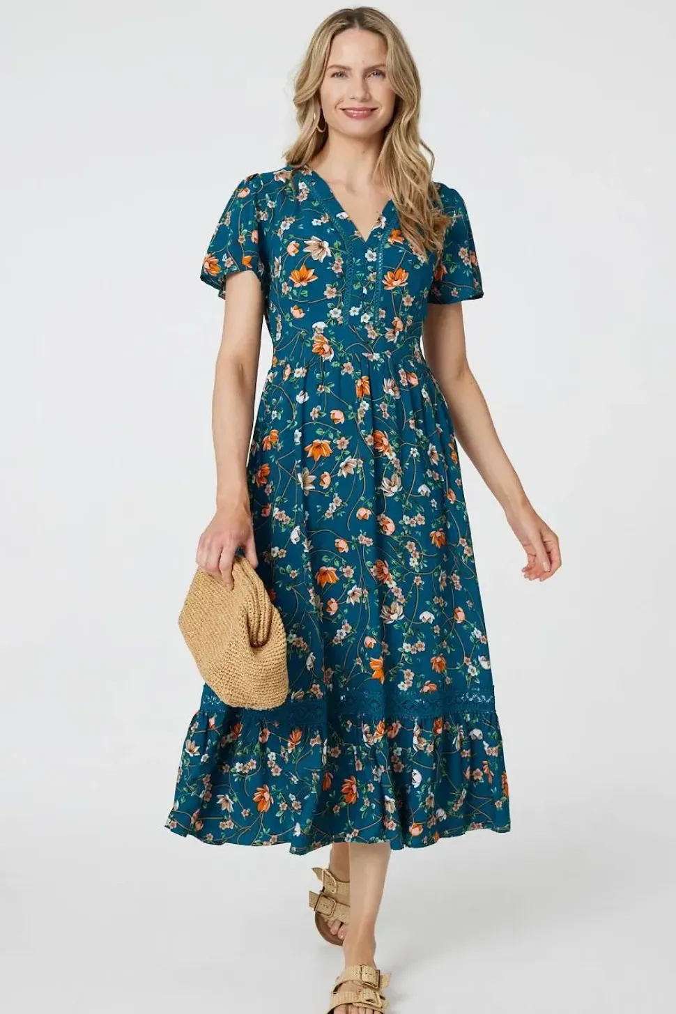 Floral Lace Trim Short Sleeve Midi Dress