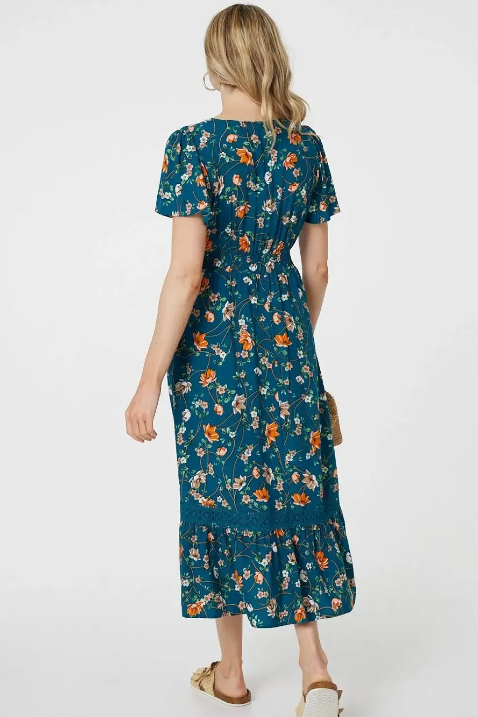 Floral Lace Trim Short Sleeve Midi Dress