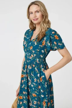 Floral Lace Trim Short Sleeve Midi Dress
