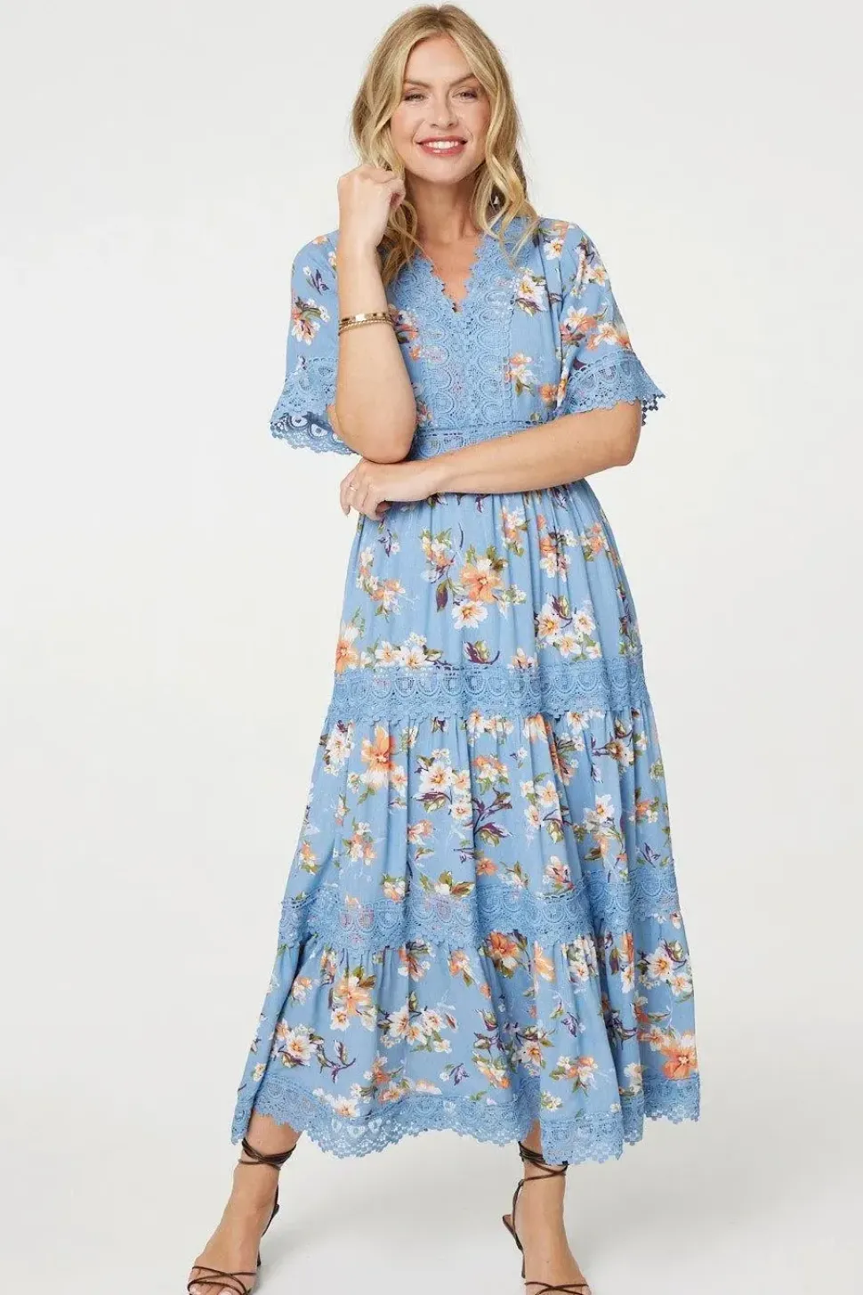 Floral Lace Trim Tiered Maxi Dress