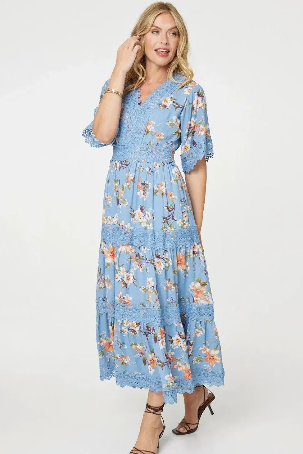 Floral Lace Trim Tiered Maxi Dress