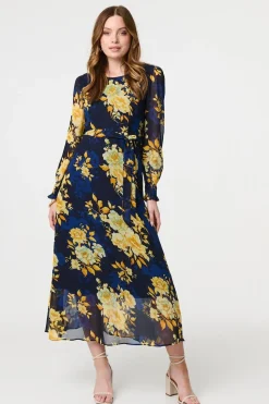 Floral Long Sleeve Chiffon Midi Dress