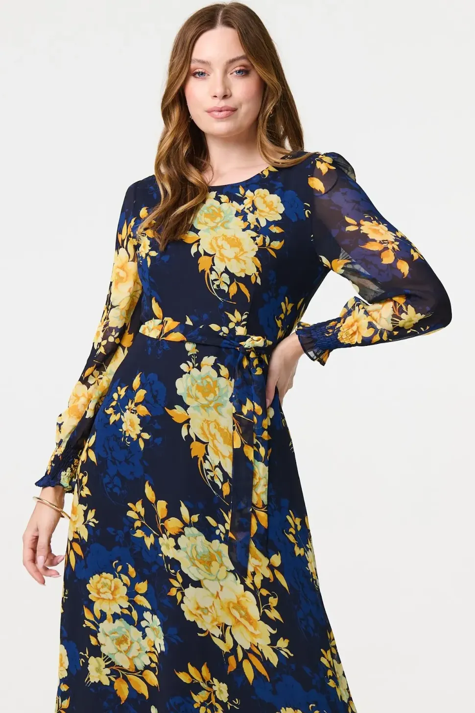 Floral Long Sleeve Chiffon Midi Dress