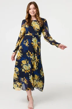 Floral Long Sleeve Chiffon Midi Dress