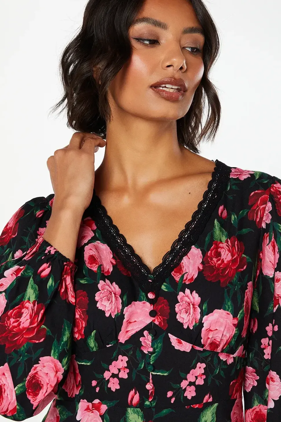 Floral Long Sleeve Lace Trim Button Front Midi Dress